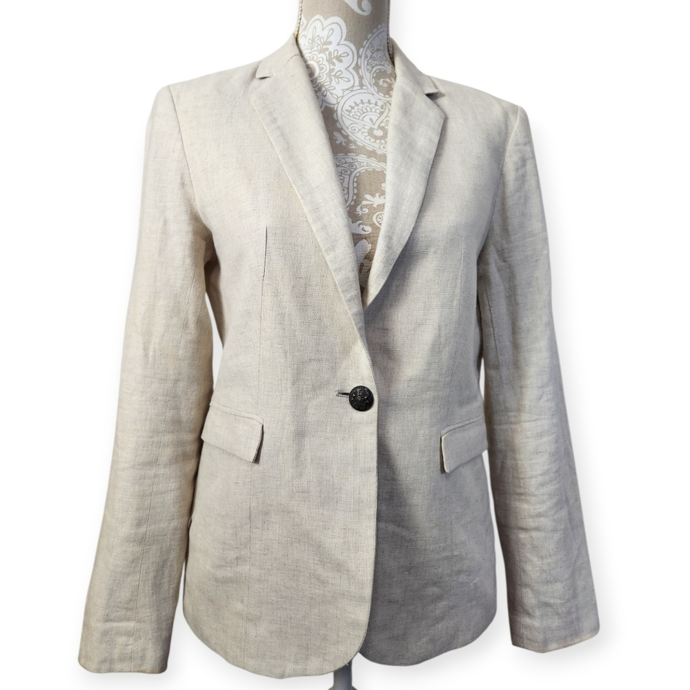 British Khaki Vintage Old Money Tailored Coastal Creme Linen Blazer Size M
